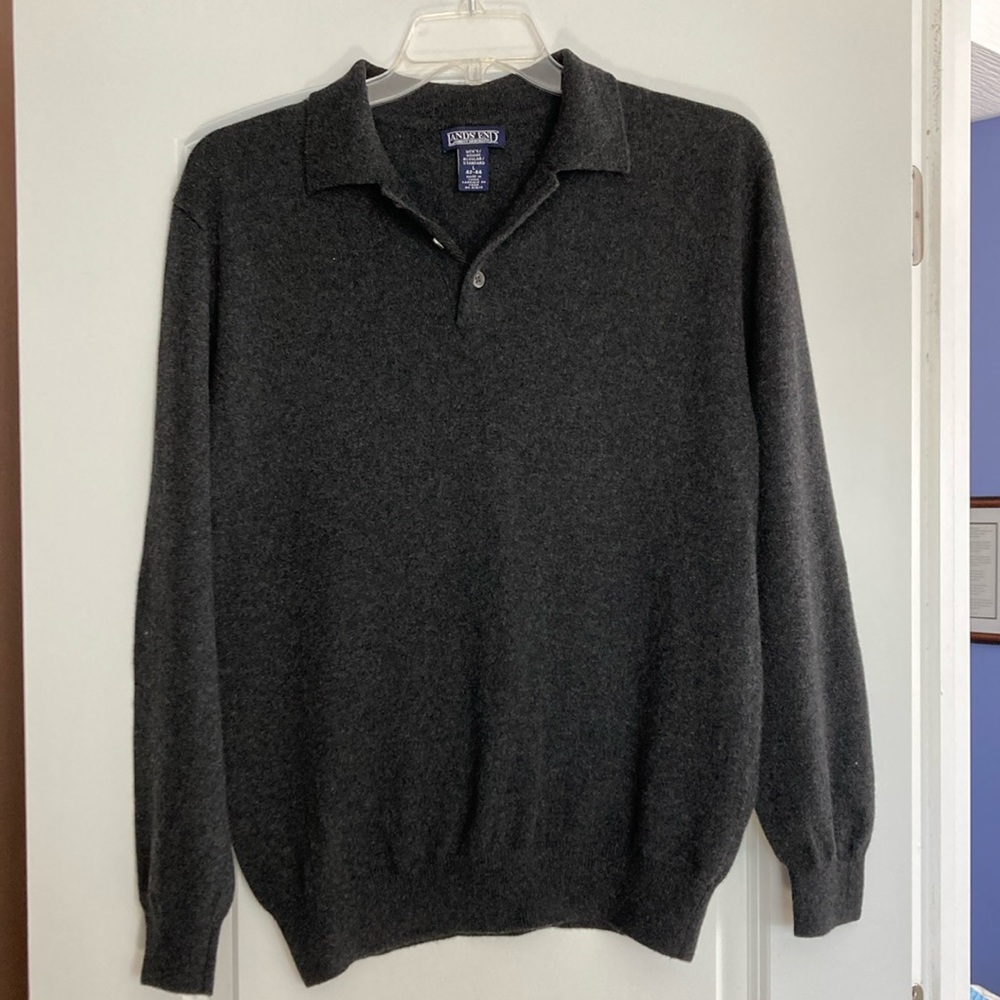 Lands End Charcoal Gray Button Collar Cashmere Sweater - L